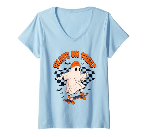 Damen Skate Or Treat Ghost Halloween Wortspiel T-Shirt mit V-Ausschnitt von Skate Or Treat Retro Halloween Skate