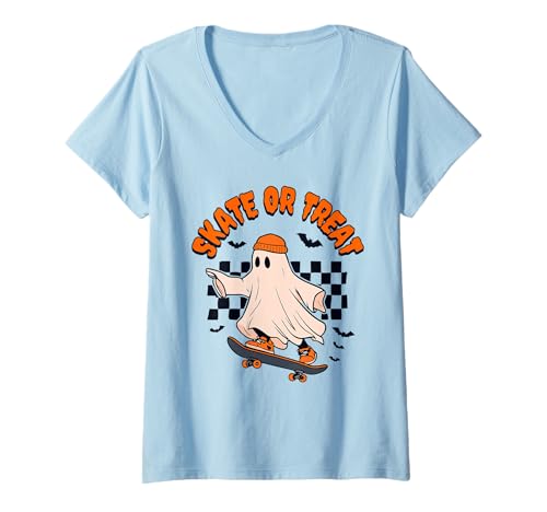 Damen Skate Or Treat Ghost Halloween Wortspiel T-Shirt mit V-Ausschnitt von Skate Or Treat Retro Halloween Skate