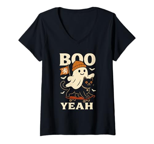 Damen Boo Yeah Ghost Halloween Cat Skateboard Retro Gruselig T-Shirt mit V-Ausschnitt von Skate or Scare Designs