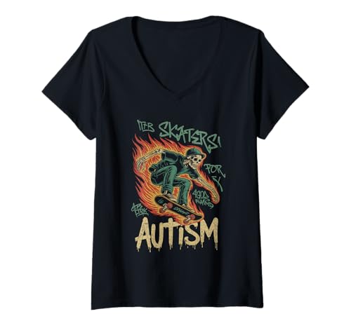 Damen Skaters for Autism Skeleton On Fire Skateboard-Graffiti T-Shirt mit V-Ausschnitt Damen Skaters for Autism Skeleton On Fire Skateboard-Graffiti T-Shirt mit V-Ausschnitt von SkateCause