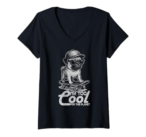 Damen Coole Mops Skateboarding Vintage Hund Sonnenbrille T-Shirt mit V-Ausschnitt Damen Coole Mops Skateboarding Vintage Hund Sonnenbrille T-Shirt mit V-Ausschnitt von SkatePug Co. Retro Dog Apparel