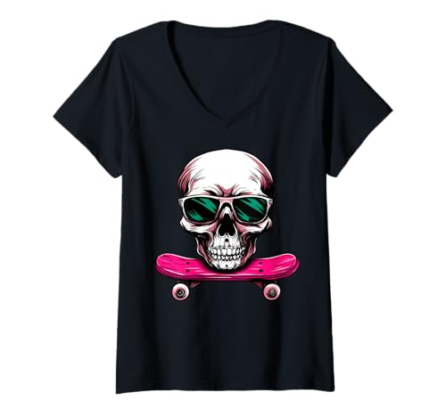 Damen Totenköpfe Skateboard/Skater Totenkopf T-Shirt mit V-Ausschnitt von Skateboard Animals