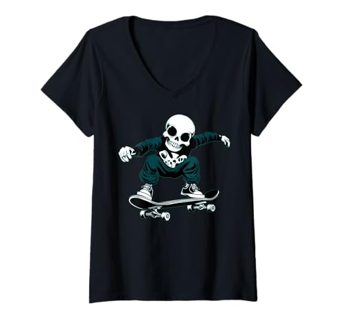 Damen Totenkopf Skateboarder T-Shirt mit V-Ausschnitt Damen Totenkopf Skateboarder T-Shirt mit V-Ausschnitt von Skateboard Animals