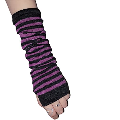 Damen-Handschuhe, Gothic-Stil, Armstulpen mit schwarzem Mond und Kreuz, bedruckt, Hip-Hop-Armstulpen, Violette Streifen, Einheitsgröße von Skateboard Frog