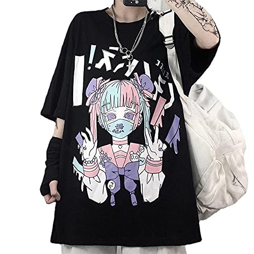 Damen Sommer Gothic T-Shirt Anime Ästhetischer Druck Harajuku Mode Casual Tops, Schwarz3, Mittel von Skateboard Frog