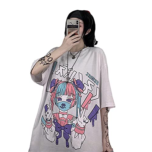 Damen Sommer Gothic T-Shirt Anime Ästhetischer Druck Harajuku Mode Casual Tops, Weiß3, XL von Skateboard Frog