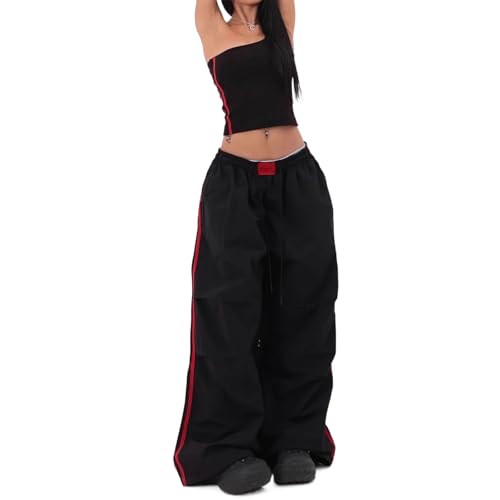 Damen Y2K Baggy Cargohose mit Stretchbund Weites Bein und Kontraststreifen Atmungsaktive Parachute Pants Street Style von Skateboard Frog