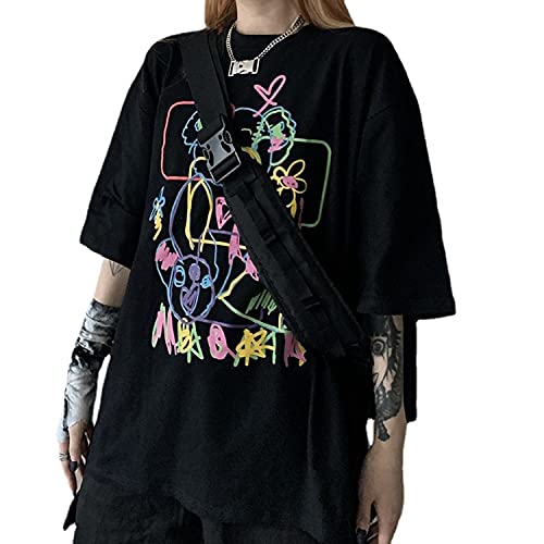 Frauen Sommer Gothic T-Shirt Anime Ästhetischen Druck Harajuku Mode Casual Tops, Schwarz, X-Groß von Skateboard Frog