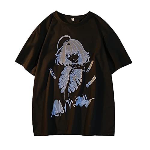 Frauen Sommer Gothic T-Shirt Anime Ästhetischer Druck Harajuku Mode Casual Tops (Black,S) von Skateboard Frog