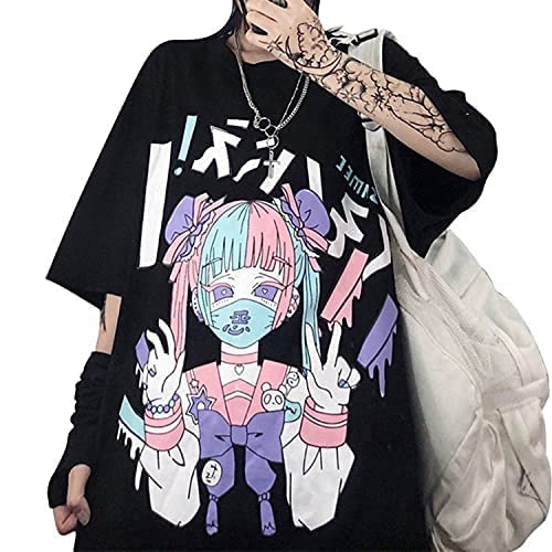Frauen Sommer Gothic T-Shirt Anime Ästhetischer Druck Harajuku Mode Casual Tops (Black 3,L) von Skateboard Frog