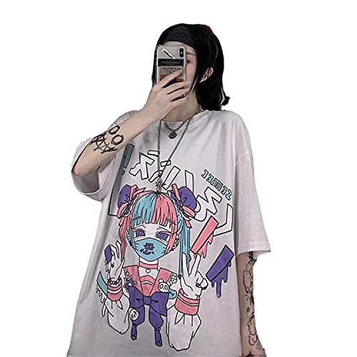 Damen Sommer Gothic T-Shirt Anime Ästhetischer Druck Harajuku Mode Casual Tops, Weiß3, L von Skateboard Frog