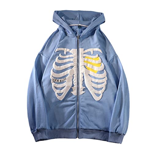 Frauen Zip Up Hoodies Goth Skeleton Rib Cage Graphics Y2K Harajuku Neuheit Sweatshirt (Blau, L) von Skateboard Frog