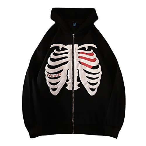 Frauen Zip Up Hoodies Goth Skeleton Rib Cage Graphics Y2K Harajuku Neuheit Sweatshirt (Schwarz, M) von Skateboard Frog