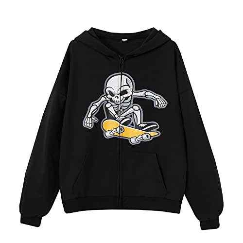 Frauen Zip Up Hoodies Goth Skeleton Rib Cage Graphics Y2K Harajuku Neuheit Sweatshirt von Skateboard Frog