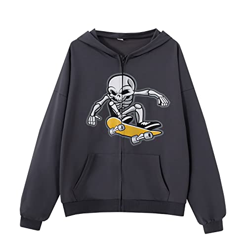 Frauen Zip Up Hoodies Goth Skeleton Rib Cage Graphics Y2K Harajuku Neuheit Sweatshirt von Skateboard Frog