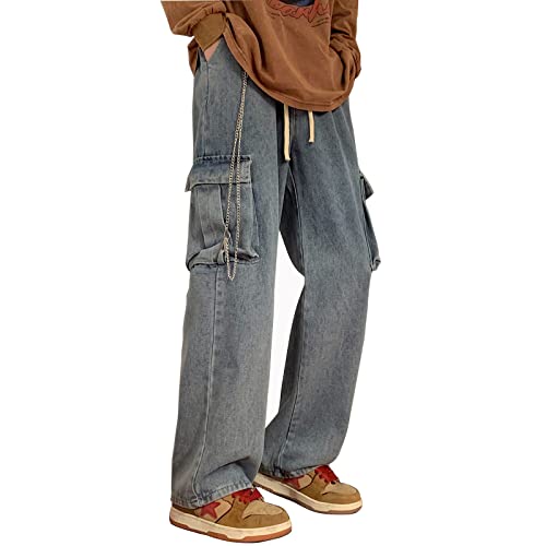 Jeans Herren Casual Relaxed Fit Straight Multi Pocket Baggy Hip Hop Y2K Jeanshosen (126 Blue,XL) von Skateboard Frog