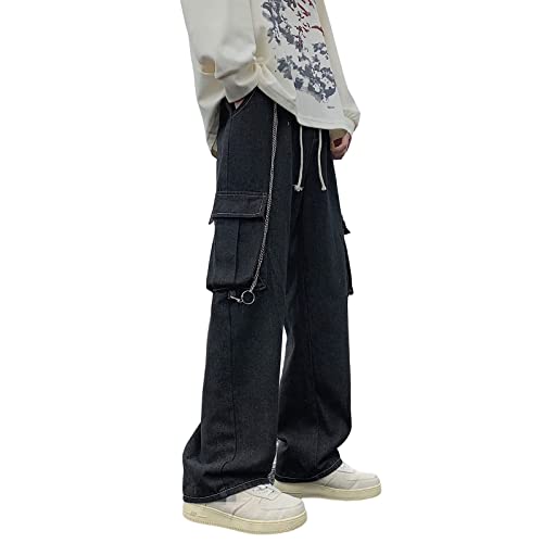 Jeans Herren Casual Relaxed Fit Straight Multi Pocket Baggy Hip Hop Y2K Jeanshosen von Skateboard Frog