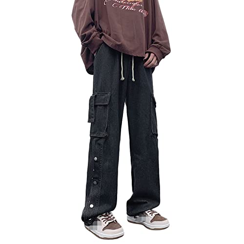 Jeans Herren Casual Relaxed Fit Straight Multi Pocket Baggy Hip Hop Y2K Jeanshosen von Skateboard Frog