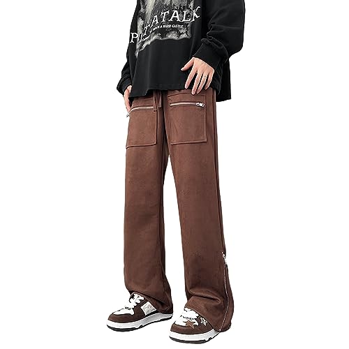 Skateboard Frog Breite Jogginghose Herren Lange Beine Wildleder Kontrast Seitenschlitz Mit ReißVerschluss Freizeithose (176 Coffee,XL) von Skateboard Frog