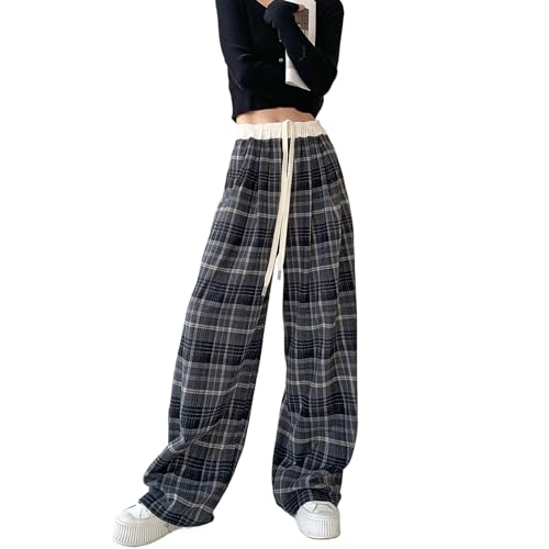 Skateboard Frog Damen Karo-Hose mit Locker Weite Beinen & Hoher Bund - Elastizbund mit Kordelzug im Farbblock-Design y2k Goth Kariert Freizeithose von Skateboard Frog