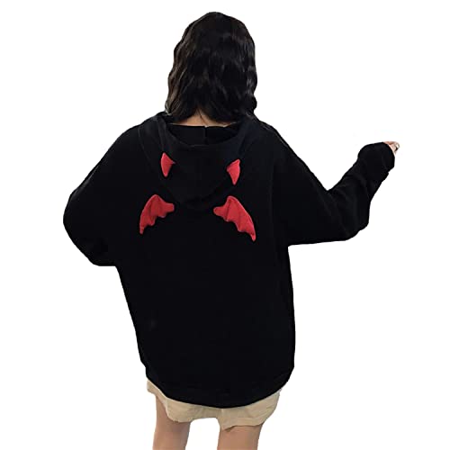 Skateboard Frog Frauen Devil Wing Mit Kapuze Sweatshirt Lässige Stickerei Printed Hoodies Punk Goth Ästhetische Grunge Pullover Tops (Black 1,M) von Skateboard Frog