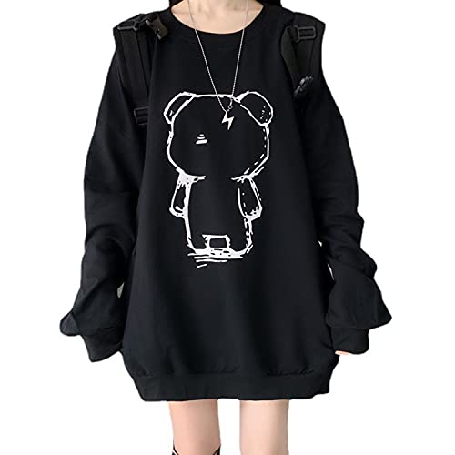 Skateboard Frog Frauen Goth Hoodies Crewneck Sweatshirt Gruselige Puppe Bär Printed Harajuku Fashion Pullover (Schwarz, L) von Skateboard Frog