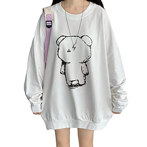 Skateboard Frog Frauen Goth Hoodies Crewneck Sweatshirt Gruselige Puppe Bär Printed Harajuku Fashion Pullover (Weiß, M) von Skateboard Frog