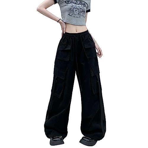 Skateboard Frog Grüne Cargohose Damen Baggy y2k High Waist Seitentasche Parachute Pants Herren (Black,M) von Skateboard Frog