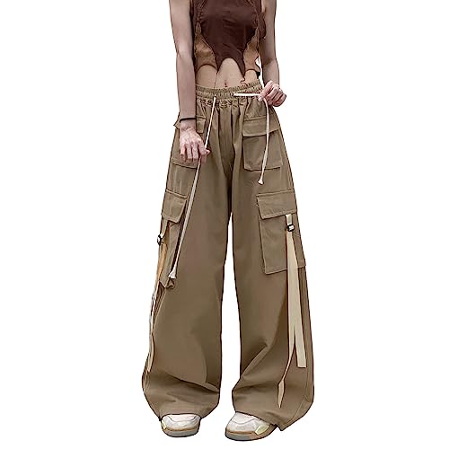 Skateboard Frog Grüne Cargohose Damen Baggy y2k High Waist Seitentasche Parachute Pants Herren (Khaki,L) von Skateboard Frog