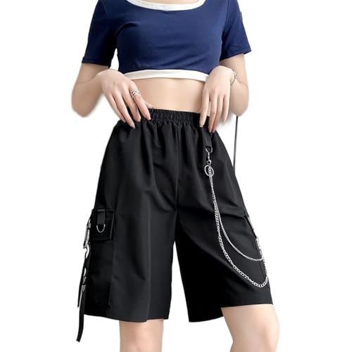 Skateboard Frog Schwarz Cargo Shorts Frauen y2k Baggy Knielänge mit Kette lässig Sommerkleidung von Skateboard Frog