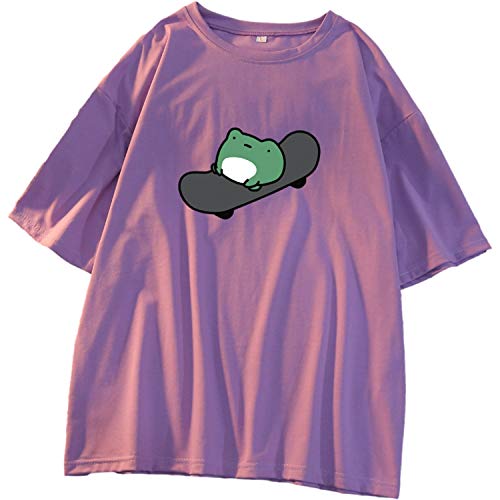Skateboard Frog Sommer Frauen Kurzarm T-Shirt Cartoon Druckmuster Kawaii Korean Tops - Violett - Mittel von Skateboard Frog