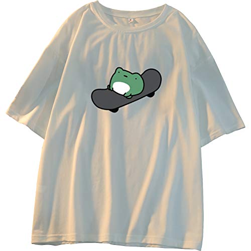 Skateboard Frog Sommer-T-Shirt für Damen, kurzärmelig, Cartoon-Druck, Kawaii, koreanisches Oberteil, Weiss/opulenter Garten, XX-Large Skateboard Frog Sommer-T-Shirt für Damen, kurzärmelig, Cartoon-Druck, Kawaii, koreanisches Oberteil, Weiss/opulenter Garten, XX-Large von Skateboard Frog
