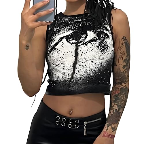 Skateboard Frog y2k Tank Top Damen Sexy Bauchfrei Augen-Grafik Goth Crop Tops Aesthetic Clothes (Black,L) von Skateboard Frog