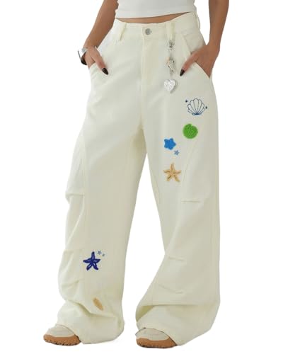 Y2K Baggy Cargohose Damen Streetwear Amerikanischer Style Weite Beine Casual Beige Seestern Stickerei Freizeithose von Skateboard Frog