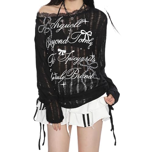 Y2K T Shirt Damen Anime Schulterfreies Langarm Löchern Mesh und Cartoon Druck Grunge Harajuku Kawaii Gothic Kleidung von Skateboard Frog