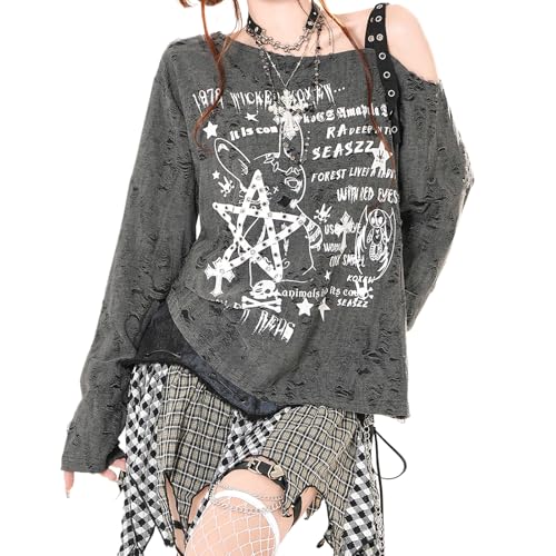 Y2K T Shirt Damen Anime Schulterfreies Langarm Löchern Mesh und Cartoon Druck Grunge Harajuku Kawaii Gothic Kleidung von Skateboard Frog