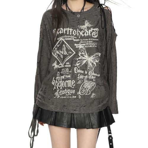 Y2K T Shirt Damen Anime Schulterfreies Langarm Löchern Mesh und Cartoon Druck Grunge Harajuku Kawaii Gothic Kleidung von Skateboard Frog