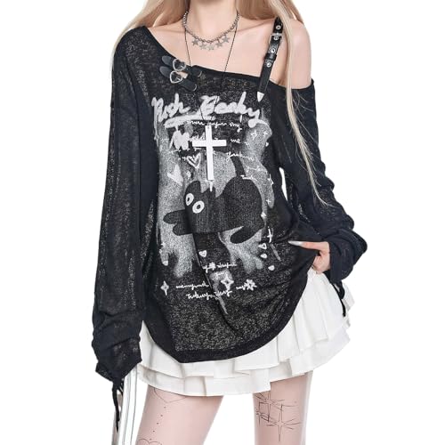 Y2K T Shirt Damen Anime Schulterfreies Langarm Löchern Mesh und Cartoon Druck Grunge Harajuku Kawaii Gothic Kleidung von Skateboard Frog