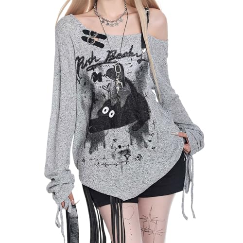 Y2K T Shirt Damen Anime Schulterfreies Langarm Löchern Mesh und Cartoon Druck Grunge Harajuku Kawaii Gothic Kleidung von Skateboard Frog