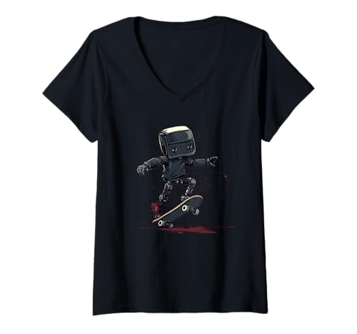 Damen Cooles Roboter-Stunts Kostüm für Skateboard-Liebhaber T-Shirt mit V-Ausschnitt von Skateboard Robot Outfit
