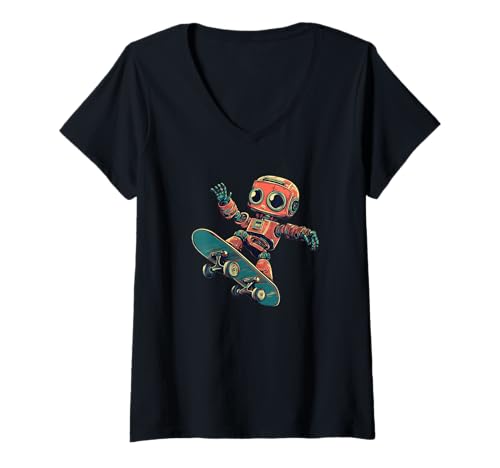 Damen Cooles Skateboard-Kostüm mit einem Roboterjungen T-Shirt mit V-Ausschnitt Damen Cooles Skateboard-Kostüm mit einem Roboterjungen T-Shirt mit V-Ausschnitt von Skateboard Robot Outfit