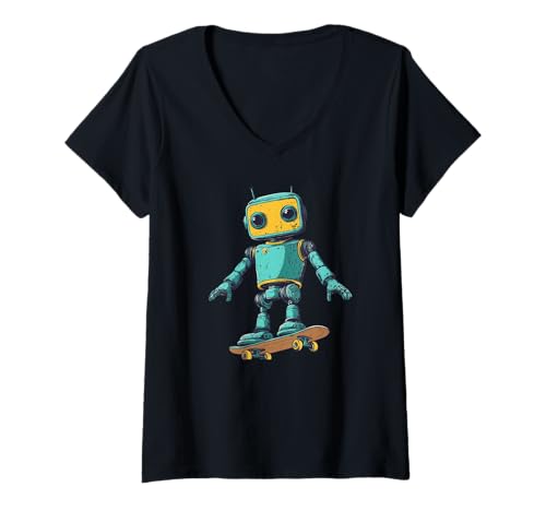 Damen Cooles Skating-Roboter mit Skateboard-Kostüm T-Shirt mit V-Ausschnitt von Skateboard Robot Outfit