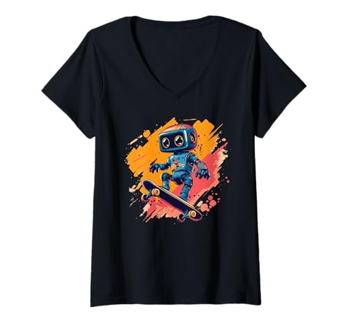 Damen Happy Robot Skateboard Kostüm T-Shirt mit V-Ausschnitt Damen Happy Robot Skateboard Kostüm T-Shirt mit V-Ausschnitt von Skateboard Robot Outfit