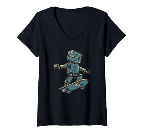 Damen Lustiger Fliegender Roboter mit Skateboard für Skater T-Shirt mit V-Ausschnitt Damen Lustiger Fliegender Roboter mit Skateboard für Skater T-Shirt mit V-Ausschnitt von Skateboard Robot Outfit