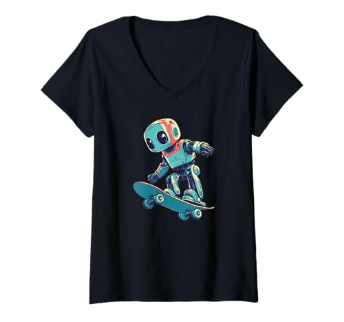 Damen Lustiger Roboter mit Skateboard Kostüm für Jungen und Mädchen T-Shirt mit V-Ausschnitt Damen Lustiger Roboter mit Skateboard Kostüm für Jungen und Mädchen T-Shirt mit V-Ausschnitt von Skateboard Robot Outfit
