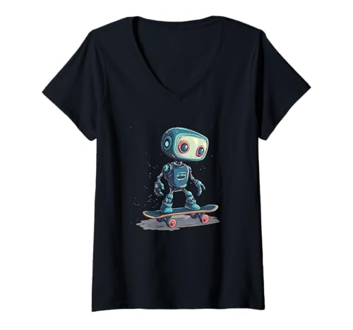 Damen Niedlicher Skaterroboter mit Skateboard T-Shirt mit V-Ausschnitt Damen Niedlicher Skaterroboter mit Skateboard T-Shirt mit V-Ausschnitt von Skateboard Robot Outfit