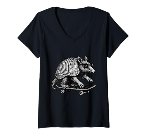 Damen Skateboarder Armadillo mit Sonnenbrille Animal Skater Graphic T-Shirt mit V-Ausschnitt Damen Skateboarder Armadillo mit Sonnenbrille Animal Skater Graphic T-Shirt mit V-Ausschnitt von Skateboarding Animal Urban Streetwear Clothing