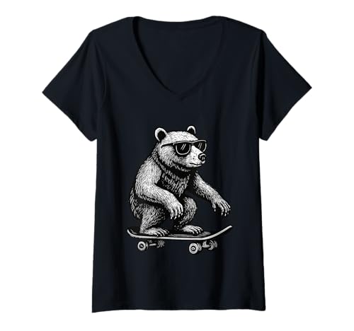 Damen Skateboarder Bär mit Sonnenbrille Animal Skater Graphic T-Shirt mit V-Ausschnitt Damen Skateboarder Bär mit Sonnenbrille Animal Skater Graphic T-Shirt mit V-Ausschnitt von Skateboarding Animal Urban Streetwear Clothing