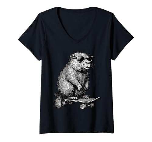 Damen Skateboarder Biber mit Sonnenbrille Animal Skater Graphic T-Shirt mit V-Ausschnitt Damen Skateboarder Biber mit Sonnenbrille Animal Skater Graphic T-Shirt mit V-Ausschnitt von Skateboarding Animal Urban Streetwear Clothing