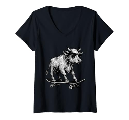 Damen Skateboarder Bull trägt Sonnenbrille Animal Skater Graphic T-Shirt mit V-Ausschnitt Damen Skateboarder Bull trägt Sonnenbrille Animal Skater Graphic T-Shirt mit V-Ausschnitt von Skateboarding Animal Urban Streetwear Clothing